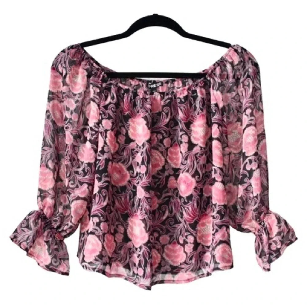 EXPRESS Sheer Floral Long Ruffle Sleeves Off Shoulder Boho Chic Blouse size XS